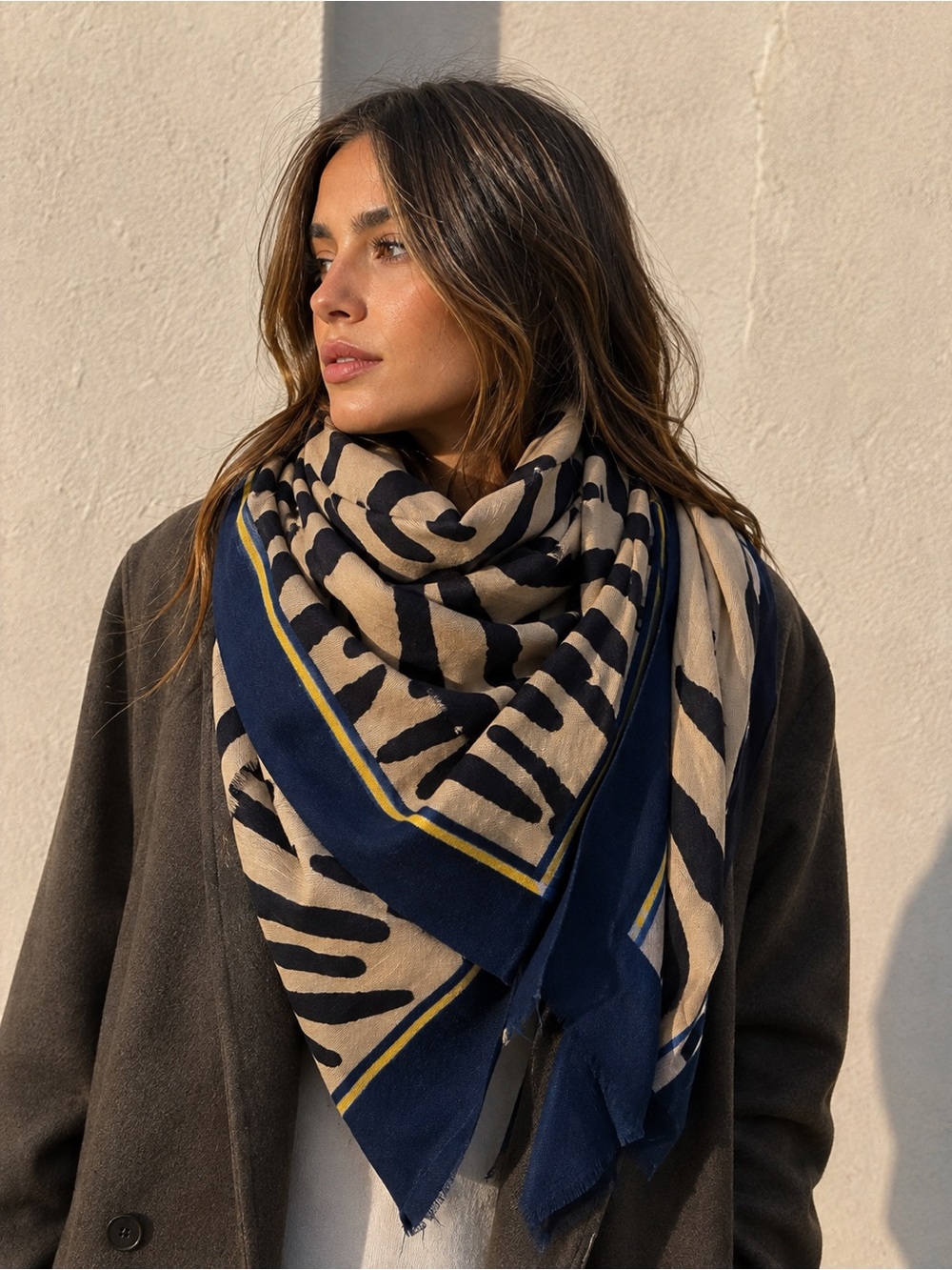 Beymen Oversized Zebra Print Soft Shawl Wrap Navy Beige Yellow Accent